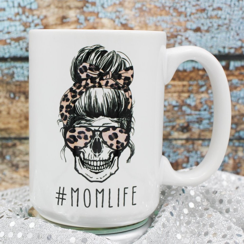 NEW #MOMLIFE Leopard Print Skull - 15oz Ceramic Coffee Mug RTS